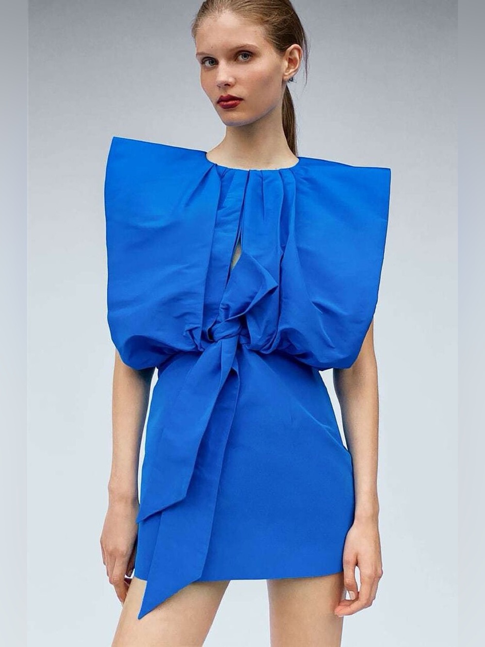 Zara Cobalt Blue Structured Shoulder Bow Tie Mini Dress S
